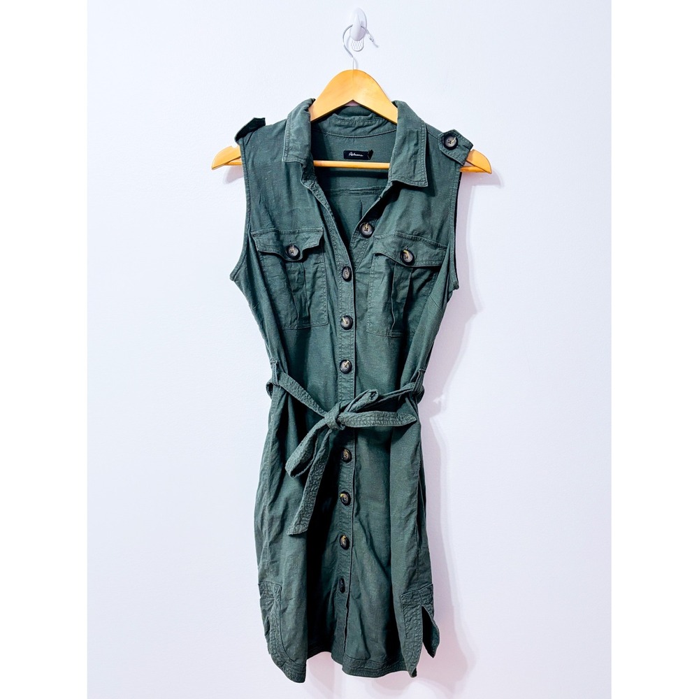 REITMANS Olive Green Linen Blend Sleeveless Belted Shirt Dress Size 12
